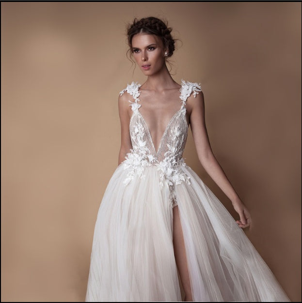 Angel Wedding Dress, Diamond Lace Collar, High Slit Bridal Tail, Open Back Light Wedding Dress by Mirlaine Univers