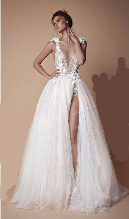 Angel Wedding Dress, Diamond Lace Collar, High Slit Bridal Tail, Open Back Light Wedding Dress by Mirlaine Univers