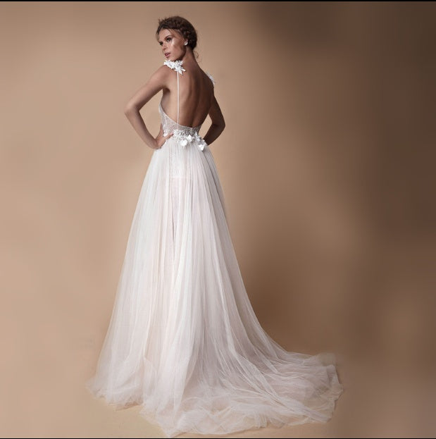 Angel Wedding Dress, Diamond Lace Collar, High Slit Bridal Tail, Open Back Light Wedding Dress by Mirlaine Univers