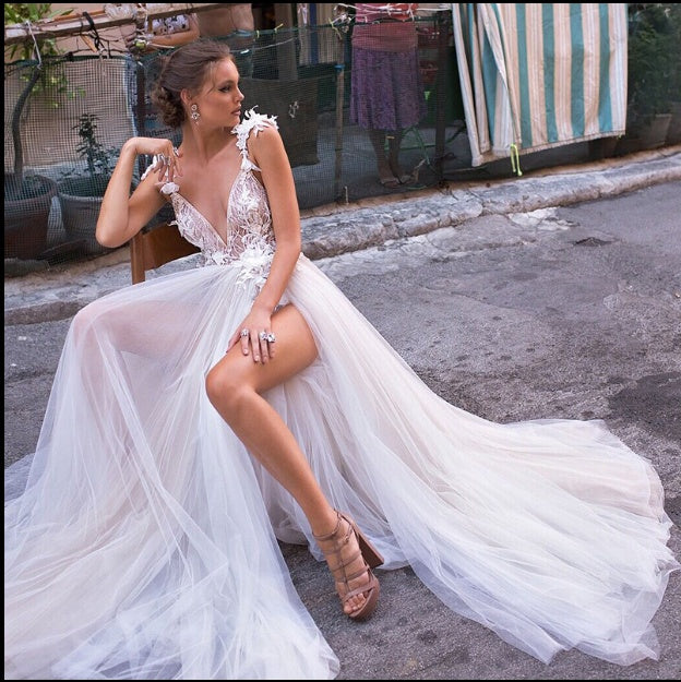 Angel Wedding Dress, Diamond Lace Collar, High Slit Bridal Tail, Open Back Light Wedding Dress by Mirlaine Univers