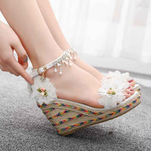 9Cm White Flower Fish Mouth Wedge Sandals Size White Trifle Sandals Beaded Tassel Sandals Women