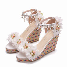 9Cm White Flower Fish Mouth Wedge Sandals Size White Trifle Sandals Beaded Tassel Sandals Women