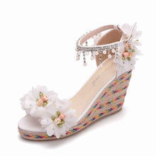 9Cm White Flower Fish Mouth Wedge Sandals Size White Trifle Sandals Beaded Tassel Sandals Women