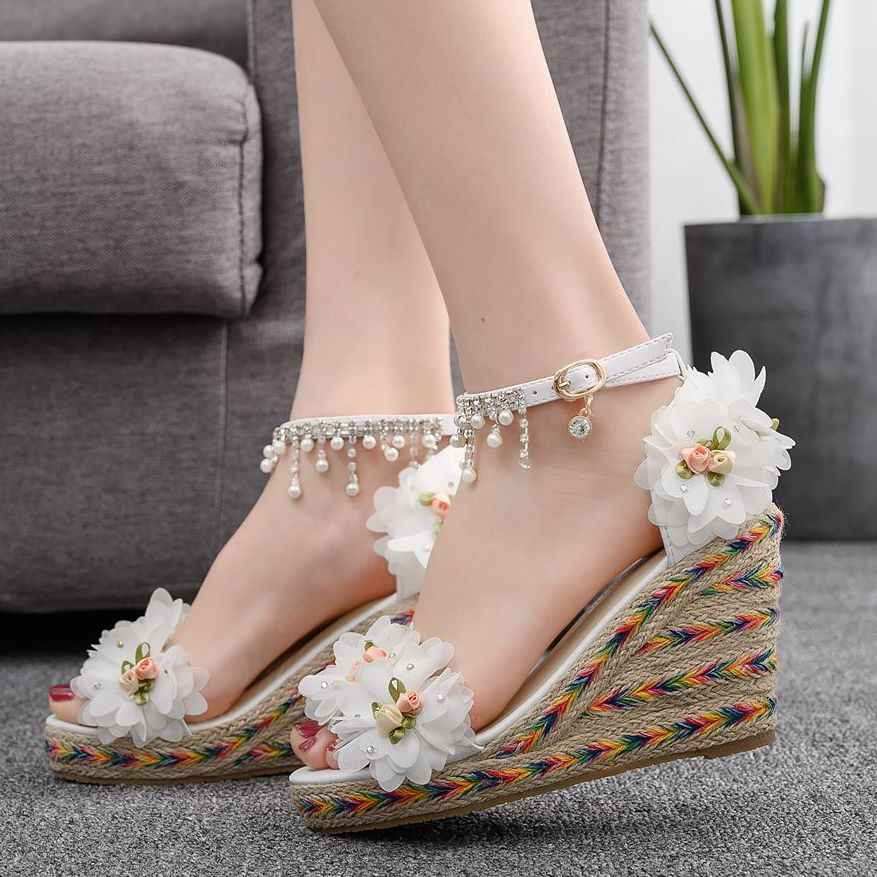 9Cm White Flower Fish Mouth Wedge Sandals Size White Trifle Sandals Beaded Tassel Sandals Women
