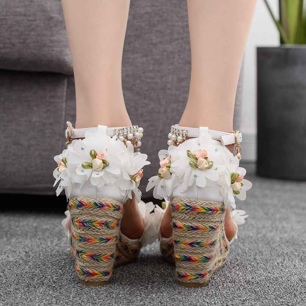 9Cm White Flower Fish Mouth Wedge Sandals Size White Trifle Sandals Beaded Tassel Sandals Women