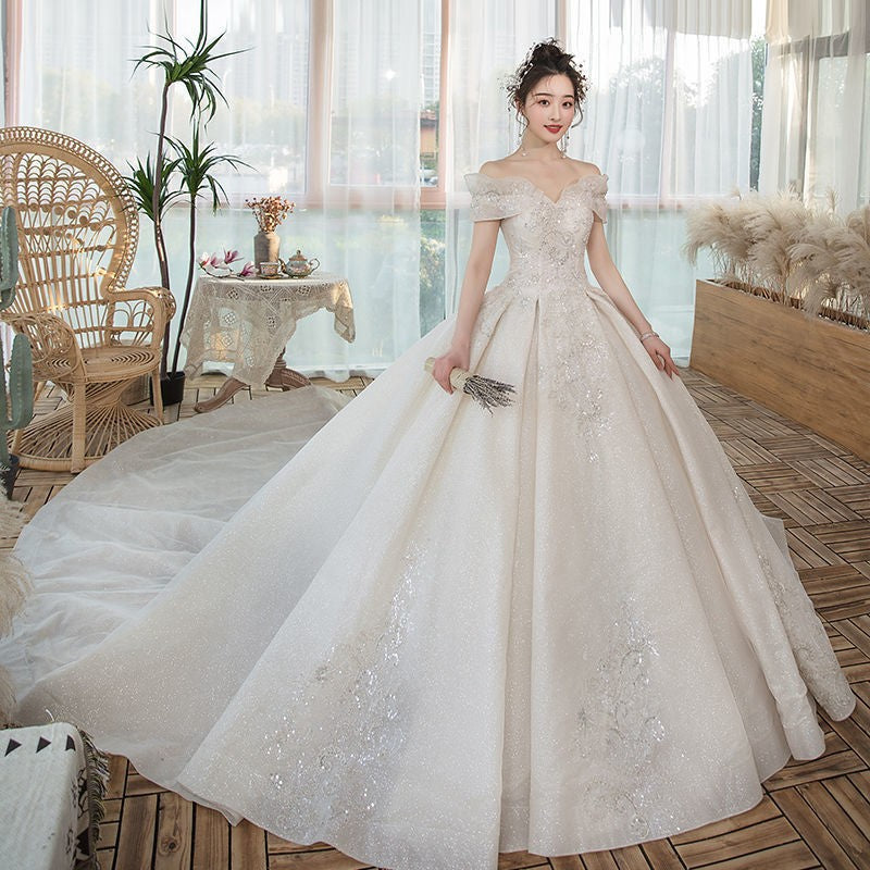 One-Shoulder Main Wedding Dress New Temperament Forest Super Fairy Dream Little Bride Han Trailing Starry Sky by Mirlaine Univers