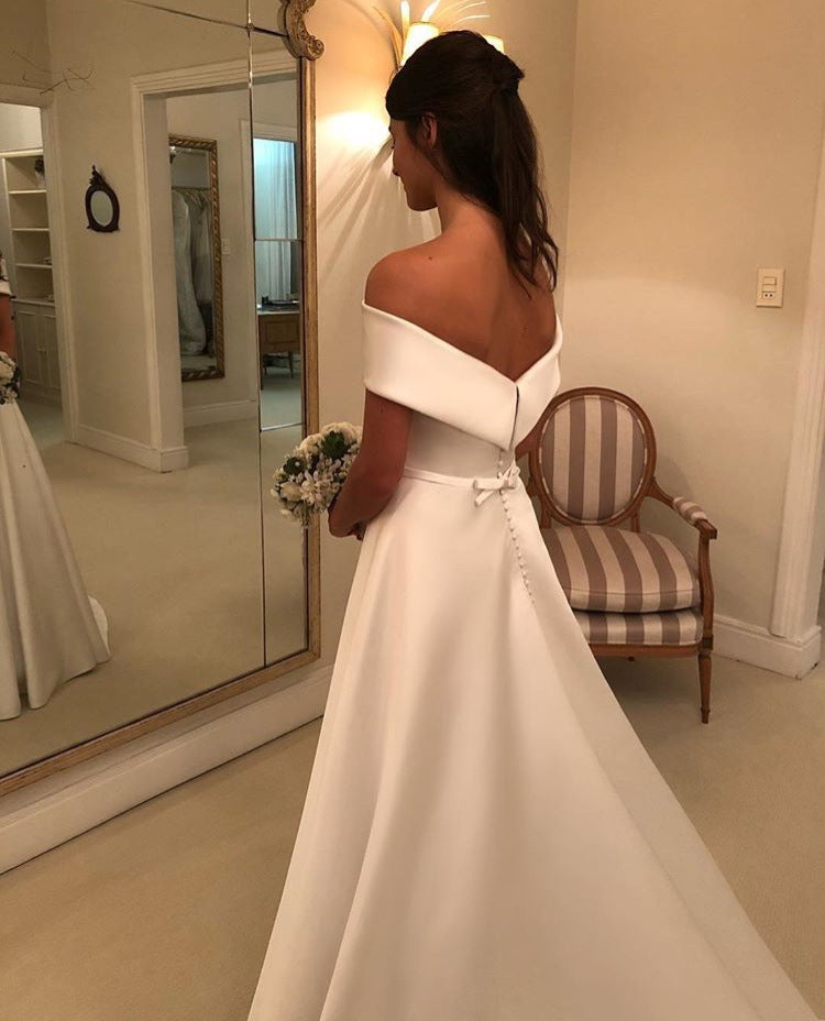 Simple A Line Wedding Dresses Satin Off The Shoulder Wedding Bridal Gowns Sweep Train Casual Dresses Zipper With Buttons Back by Mirlaine Univers