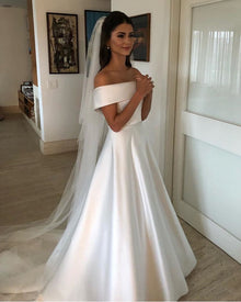 Simple A Line Wedding Dresses Satin Off The Shoulder Wedding Bridal Gowns Sweep Train Casual Dresses Zipper With Buttons Back by Mirlaine Univers