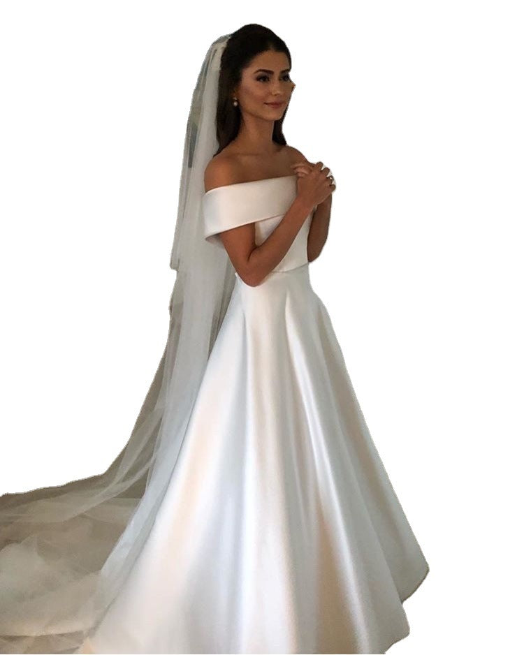 Simple A Line Wedding Dresses Satin Off The Shoulder Wedding Bridal Gowns Sweep Train Casual Dresses Zipper With Buttons Back by Mirlaine Univers
