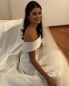 Simple A Line Wedding Dresses Satin Off The Shoulder Wedding Bridal Gowns Sweep Train Casual Dresses Zipper With Buttons Back by Mirlaine Univers