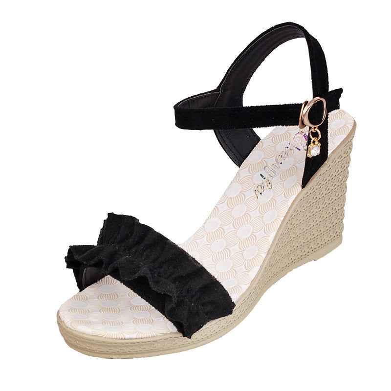 Heeled Sandals With Sweet Lace Fashion Diamond Toe Thick Slope Heel Sandals For Women