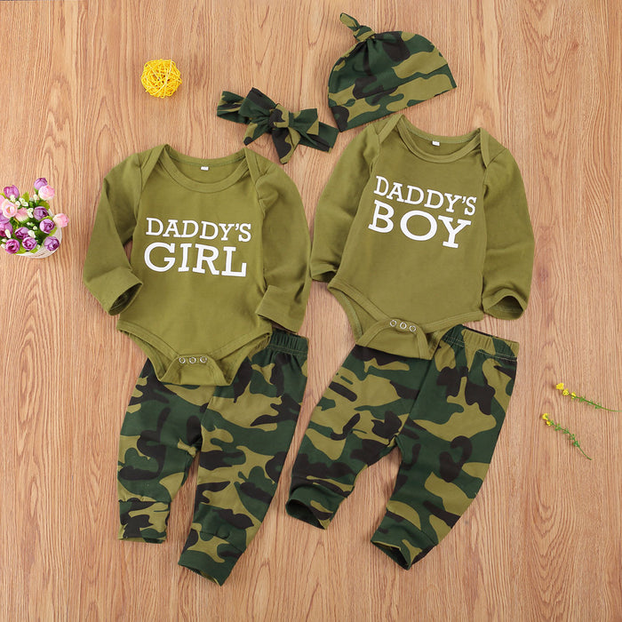 Kids Cotton Camouflage Letters Print Three Piece Pants Set