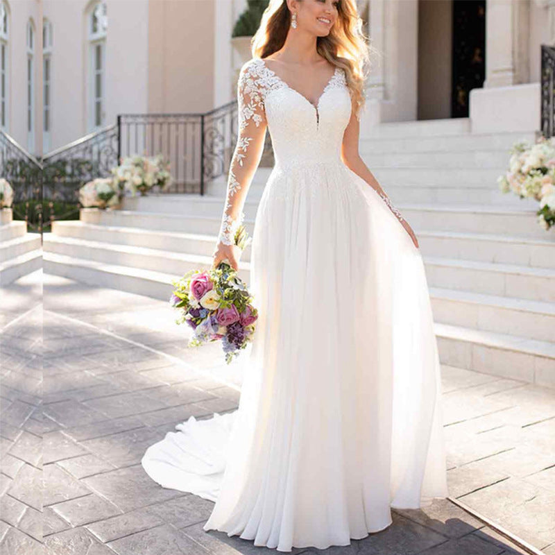 Sexy Backless Deep V-neck Wedding Dress Women White Evening Dress by Mirlaine Univers