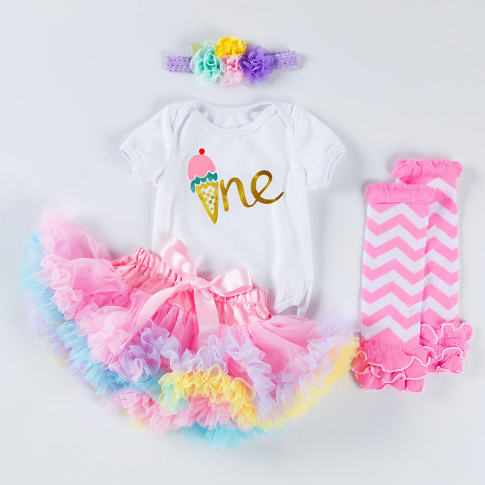 Baby Girl Summer Birthday Dress Set With Alphabet Romper