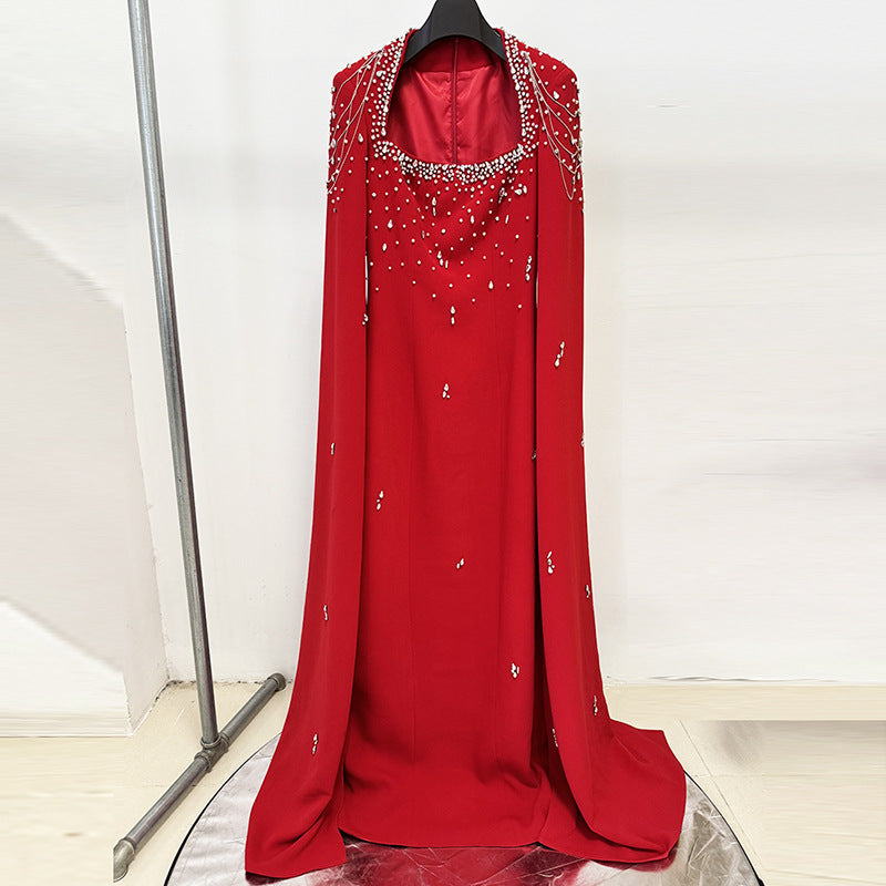 Beaded Lanyard Shawl Sleeve And Floor Long Dress by Mirlaine Univers