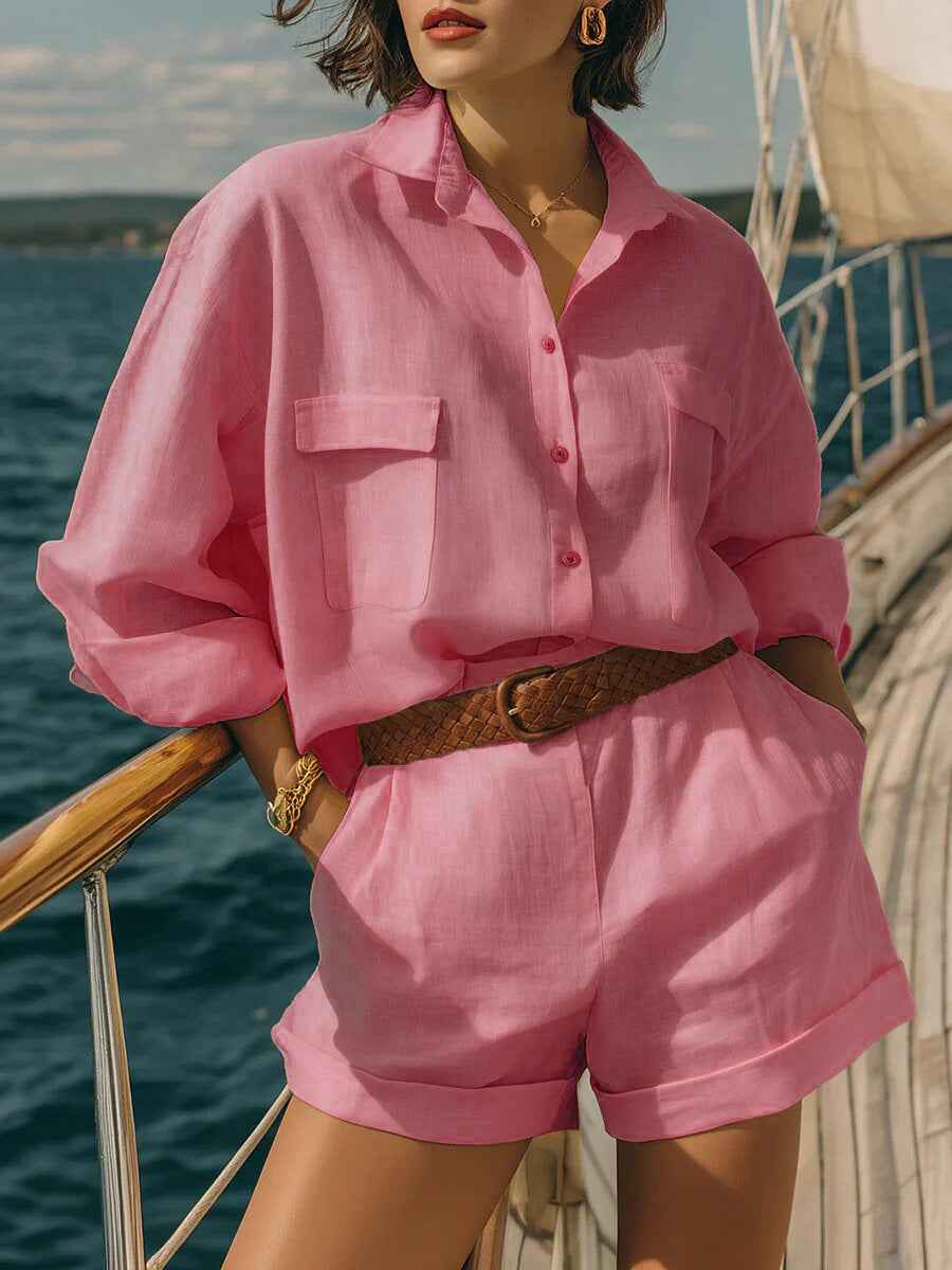 Cotton-linen Loose-fit Button-down Shirt And Shorts Fashion Casual Set