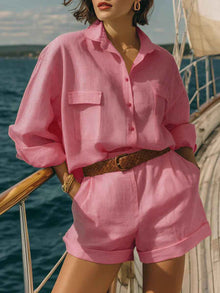 Cotton-linen Loose-fit Button-down Shirt And Shorts Fashion Casual Set