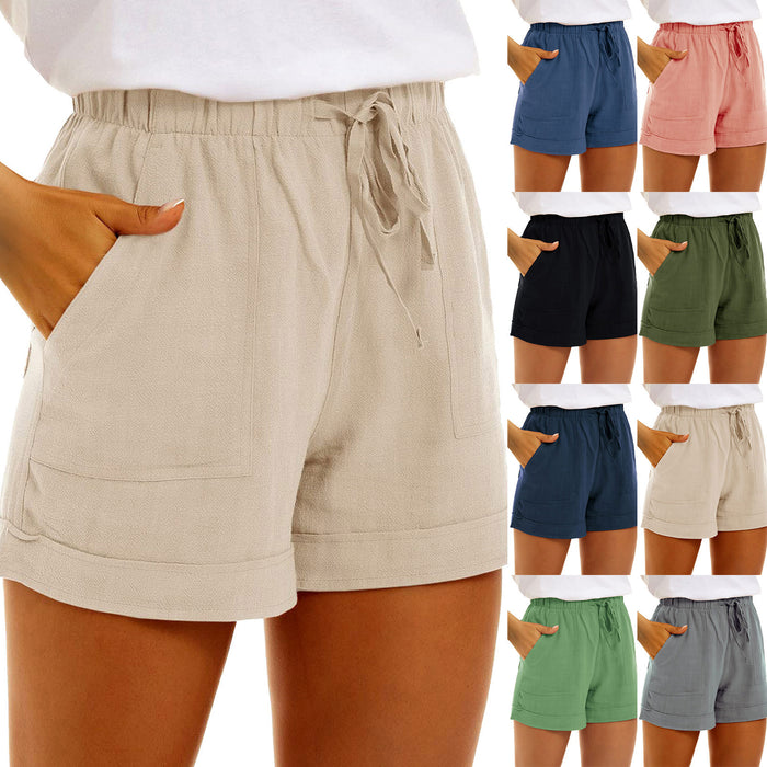 Shorts décontractés pour femme, taille haute, à cordon, avec poches, en mélange coton-lin, couleur unie