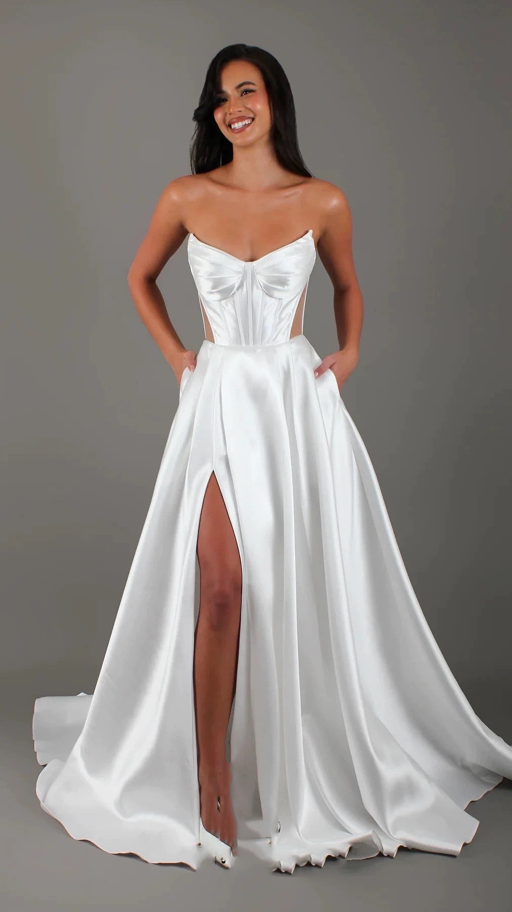 White Satin Slit Pocket Bandage Wedding Dress by Mirlaine Univers