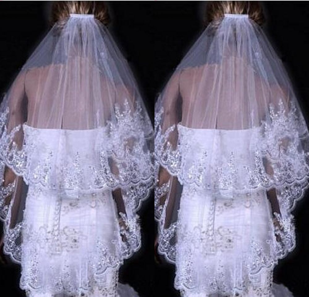 Bridal Sequined Polyester Veil Face Cover Two Layers Lace Sideband by Mirlaine Univers