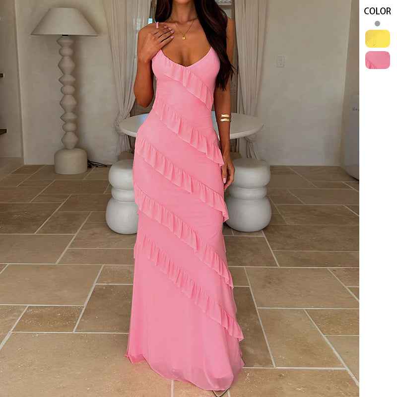 Backless Spaghetti-strap V-neck Dress With Side Slits