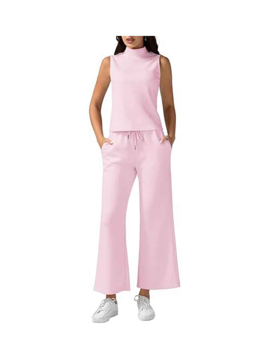 Turtleneck Slim-Fit Solid-Color Loungewear Cropped Pants Set With Drawstring