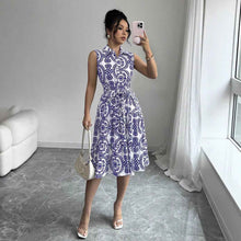 Stylish Printed Sleeveless Lace-Up Waist-Cinching Dress
