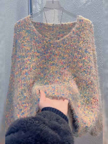 Women's V-neck Pullover Short Colorful Polka Dot Sweater