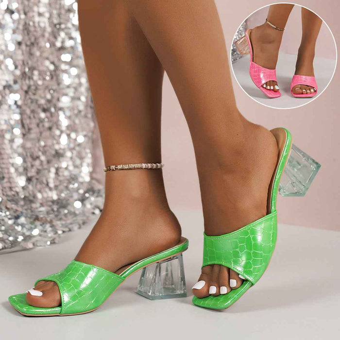 Mules à talons hauts et bout carré, sandales d'été tendance à talons carrés en cristal transparent pour femmes