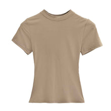 Solid Color Small Round Neck Elastic Shoulder Short Sleeve T-shirt Basic Style Waist-tight