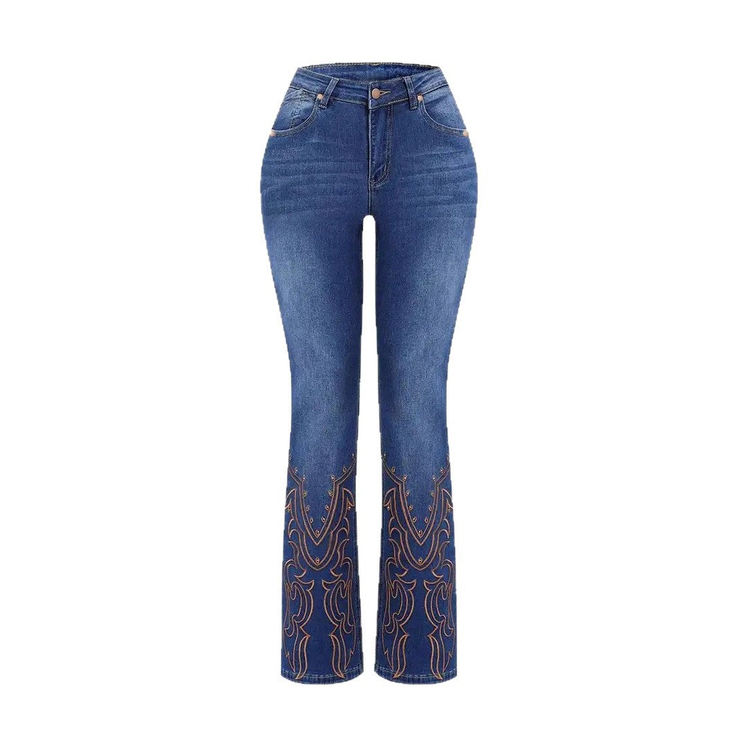 Womens Retro Beaded Embroidered Stretch Denim Jeans by Mirlaine Univers