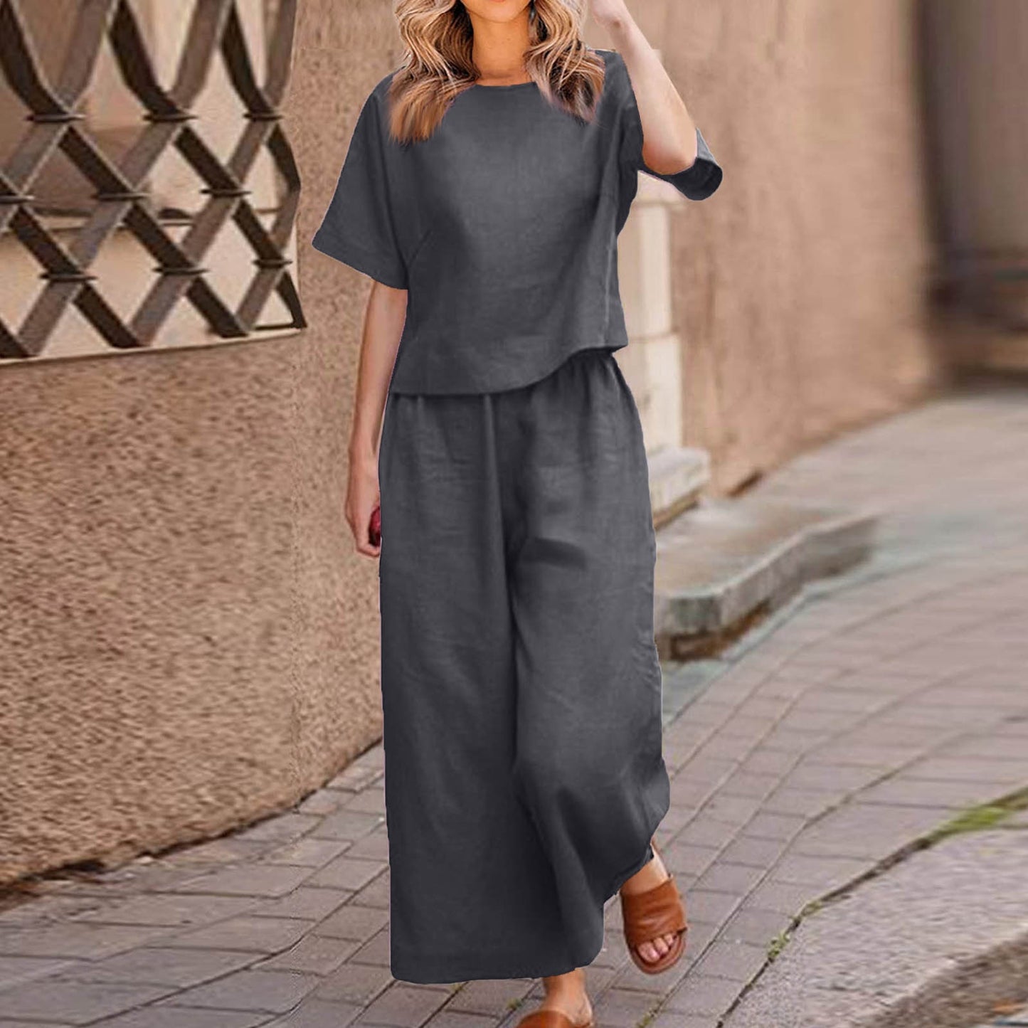 European And American Women's Linen Casual Loose Solid Color Suit Two-piece Women by Mirlaine Univers