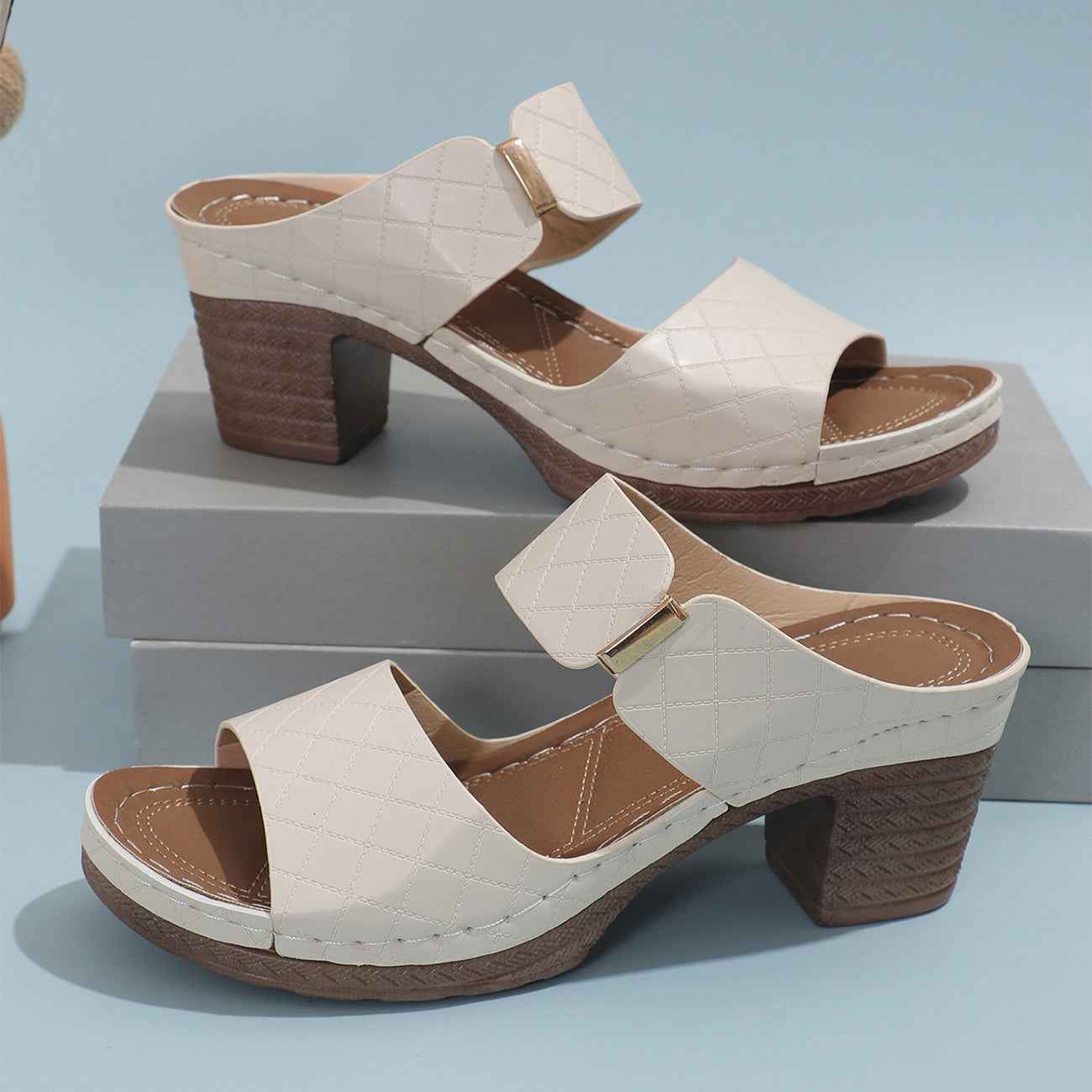 Chunky Heel Sandals Summer Round Toe Plaid Slides Slippers Fashion Outdoor High Heels Shoes For Women