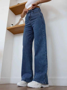 European And American-style Casual Solid-color Straight-leg High-waist Womens Washed Denim Jeans