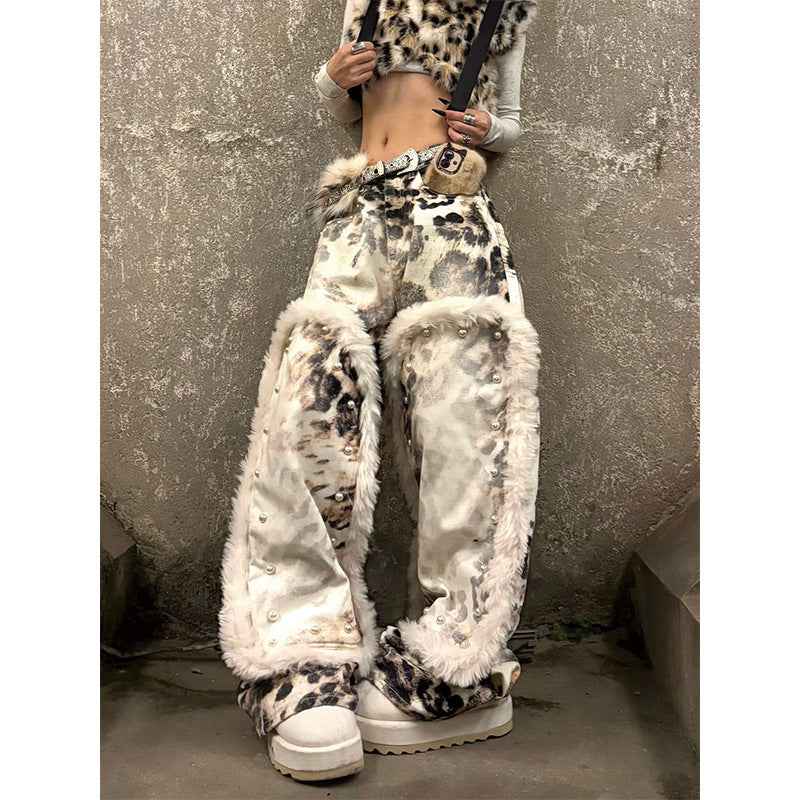 Womens American-Style Retro Leopard-Print Plush-Patchwork Denim Jeans