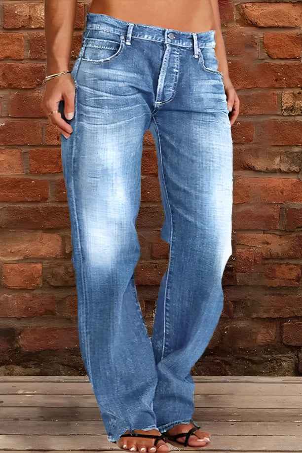 Floral-bud High-waist Raw-edge Jeans For Women