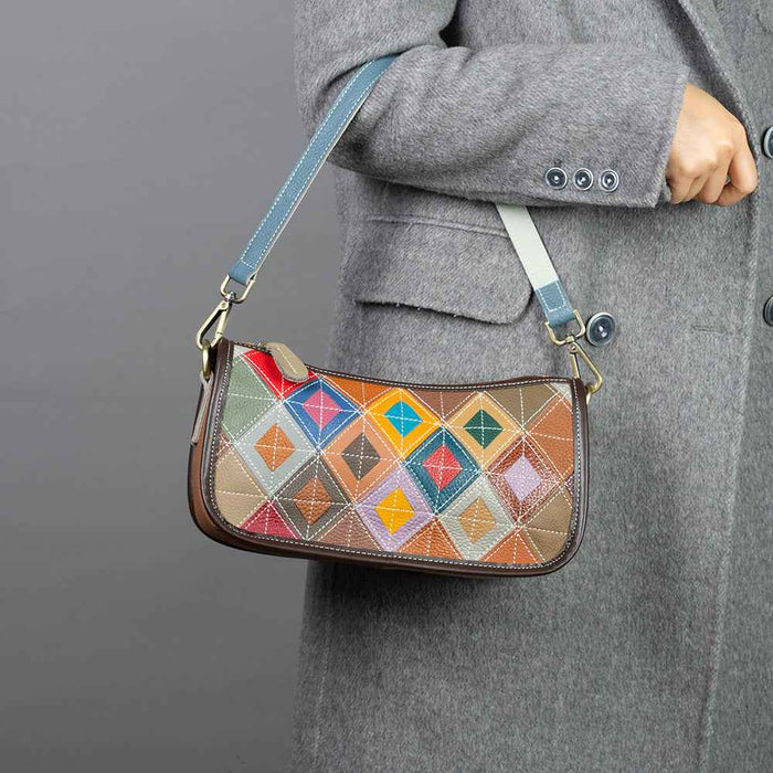 Niche-design Cowhide Leather Bag Underarm Bag Color-block Vintage Shoulder Bag Mini Bag