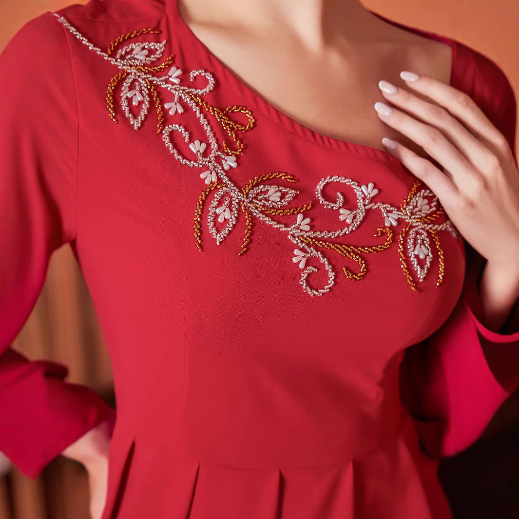 Red Designer Model Heavy Industry Hand Sewing Drill Off-the-shoulder Dress by Mirlaine Univers