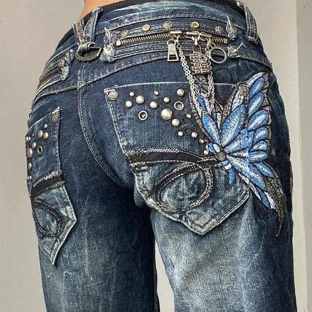 Butterfly-embroidered Low-rise Jeans Womens Y2K Vintage Style