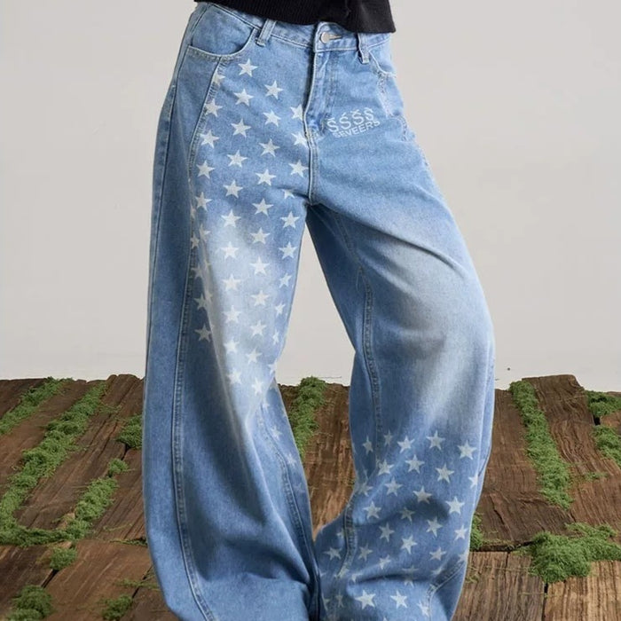 Jean femme style rétro américain, délavé, imprimé étoiles, coupe large évasée (bootcut)
