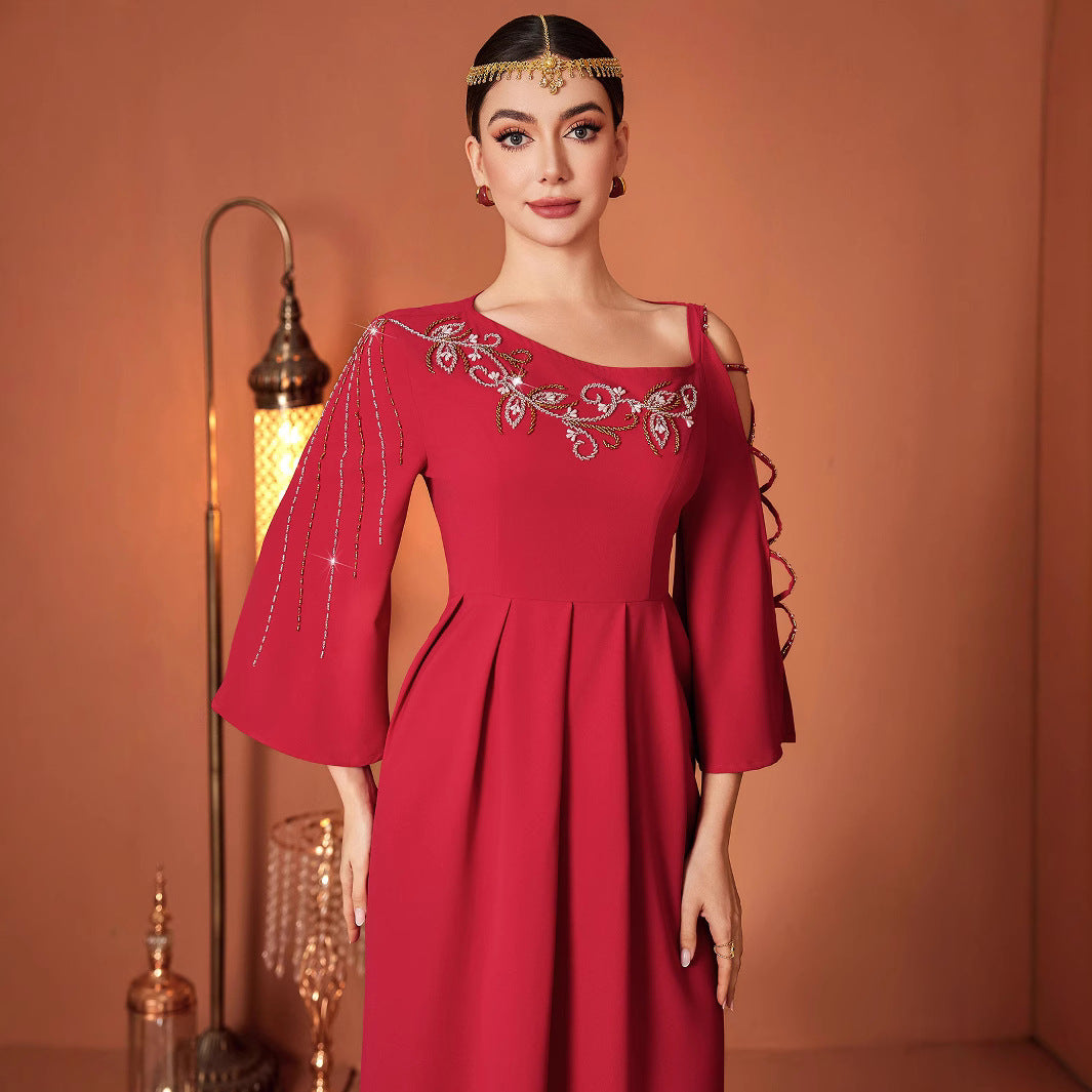 Red Designer Model Heavy Industry Hand Sewing Drill Off-the-shoulder Dress by Mirlaine Univers
