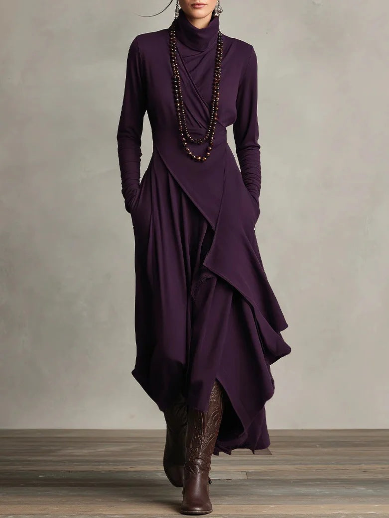 Women's Solid Color Cross-sleeve High-neck Dress by Mirlaine Univers