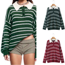 American Retro Preppy-Style Color-Block Striped Lapel Knit Sweater