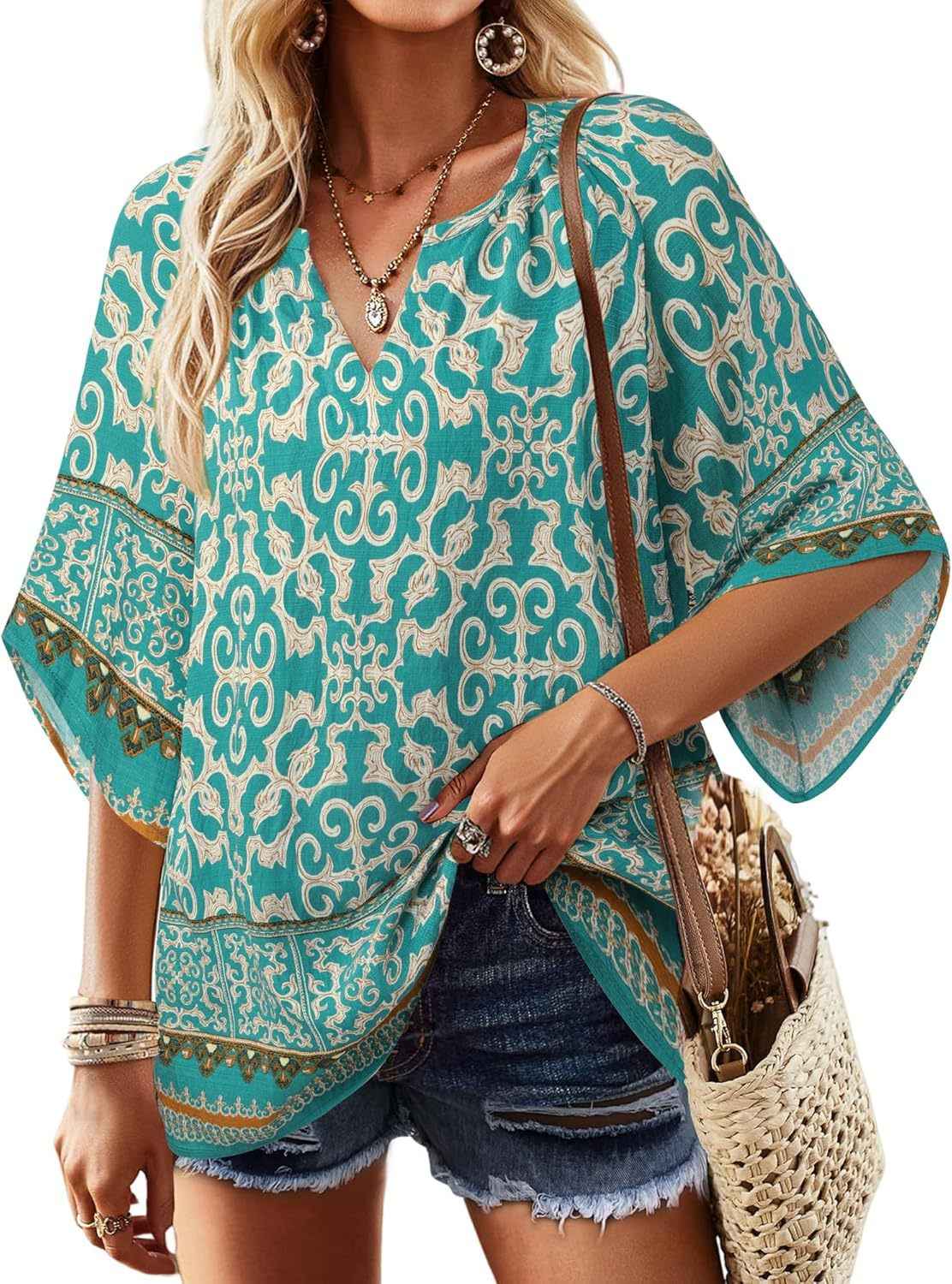 V-neck Printed Bohemian Country-Style Casual Loose Summer Top