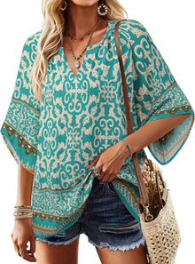 V-neck Printed Bohemian Country-Style Casual Loose Summer Top