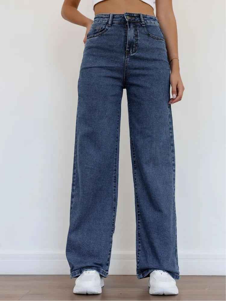 European And American-style Casual Solid-color Straight-leg High-waist Womens Washed Denim Jeans