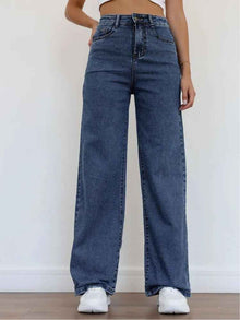 European And American-style Casual Solid-color Straight-leg High-waist Womens Washed Denim Jeans