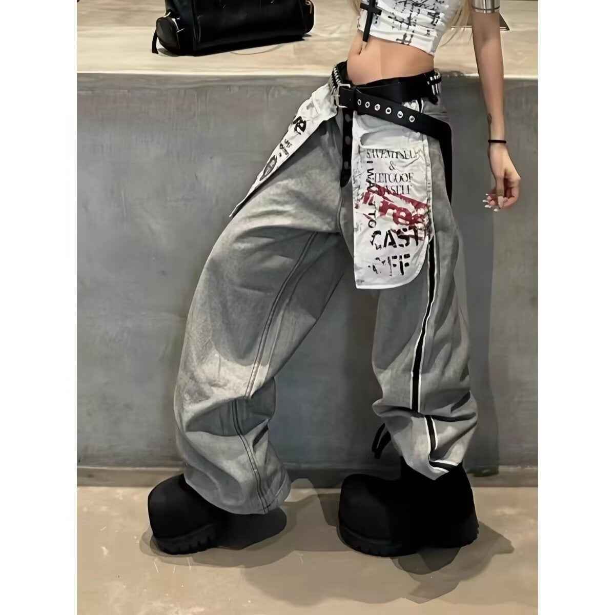 Retro Pocket Print Jeans For Men And Women Loose Fit