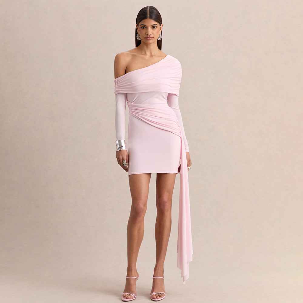 Slant-neck Off-shoulder Dress With Flowing Ribbons