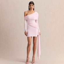 Slant-neck Off-shoulder Dress With Flowing Ribbons